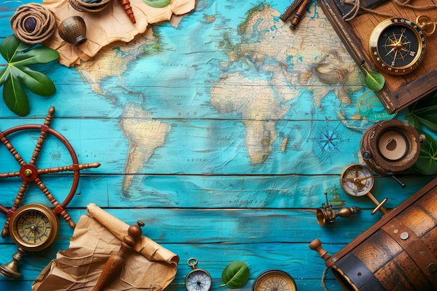 Vintage Nautical World Map with Exploration Maritime Objects on Wooden Background for Travel Concept (Starożytna mapa świata żeglarskiego z obiektami morskimi na drewnianym tle dla koncepcji podróży)