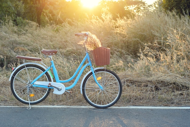 Vintage niebieski rower z letnim polem trawy o zachodzie słońca