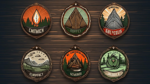 Zdjęcie vintage outdoor summer camp logo patches na drewnianym tle