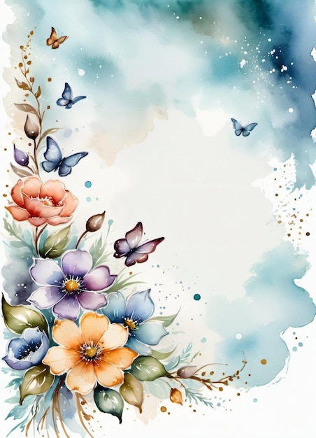 Vintage papier akwarelowy z kwiatami i motylami