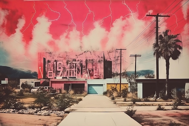 Vintage papierowy kolaż z krajobrazem z neonowym, emocjonalnym efektem w stylu retro