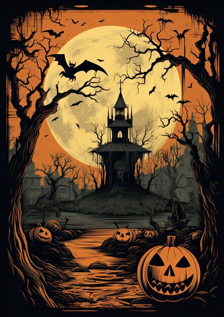 vintage plakat halloween z nawiedzonym zamkiem