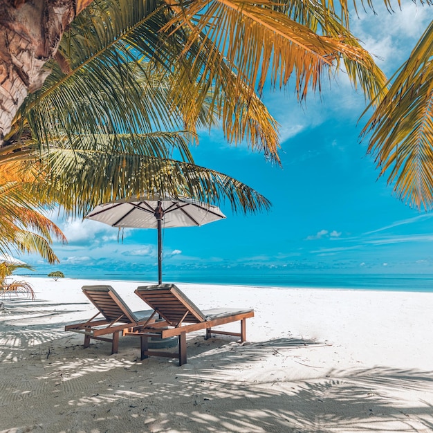 Vintage plaża, kilka krzeseł i parasol, krajobraz tropikalnej wyspy. Piasek morski niebo liście palmowe