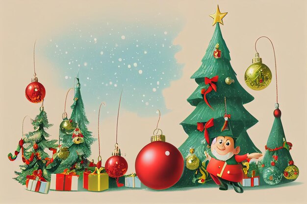 Vintage pocztówka Wesołych Świąt z choinką przedstawia pudełka na prezenty, zabawki i dekoracje