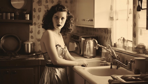 Zdjęcie vintage portret nieszczęśliwej gospodyni domowej w kuchni młoda piękna kobieta gotuje w kuchni
