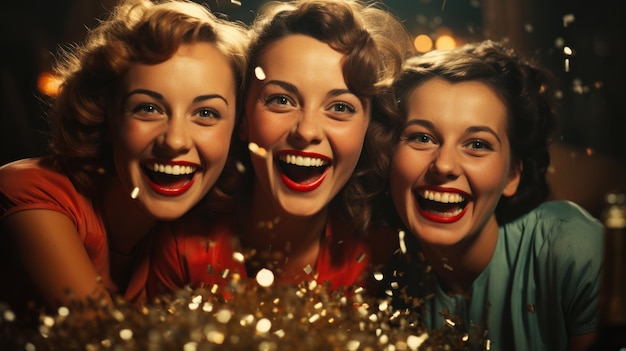 Vintage portret trzech młodych pięknych kobiet świętujących Nowy Rok Generative AI