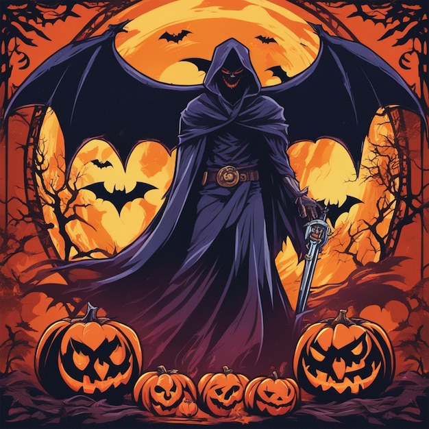 Vintage projekt plakatu Halloween z tapetą wektorową Demon Devil Reaper Ghost Bat