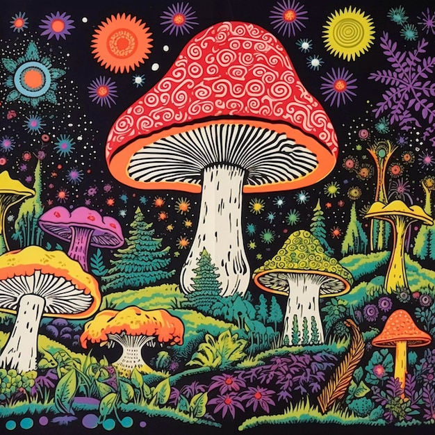 Vintage psychedeliczne grzyby plakat sztuki generatywnej AI