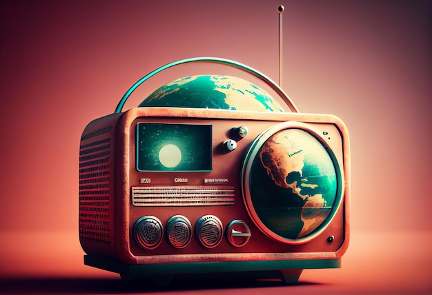 Vintage radio z planetą Ziemia Światowy dzień radia koncepcja tematyczna Wygeneruj Ai