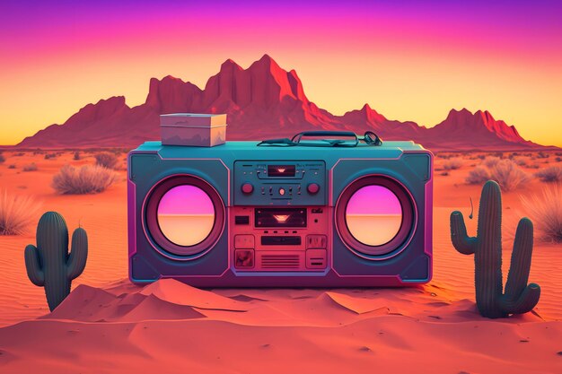 Vintage radiowy boombox na pustyni retrowave synthwave Wygenerowana sztuczna inteligencja sieci neuronowej