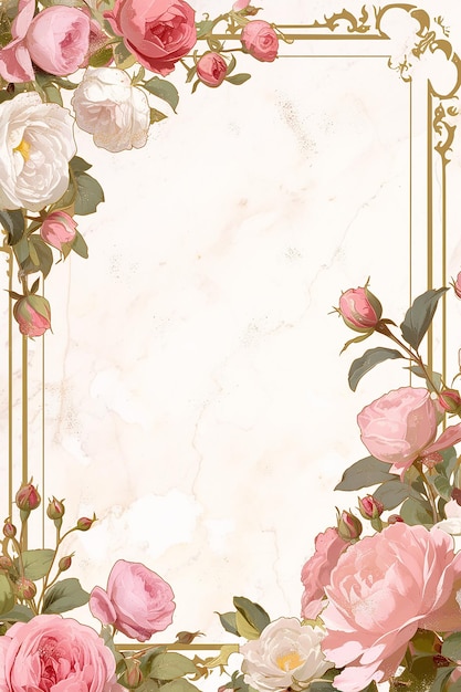Vintage ramka z różowymi kwiatami i złotą ramką