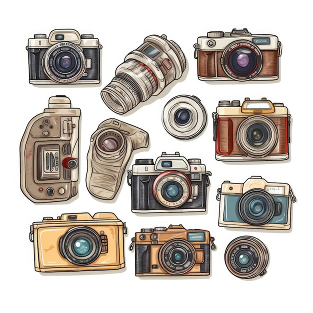 Vintage retro ikony kamery zestaw naklejki bardzo szczegółowe białe tło