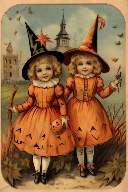 vintage retro książka dla dzieci pocztówka ilustracja lata 50. straszny kostium na halloween uśmiech czarownicy