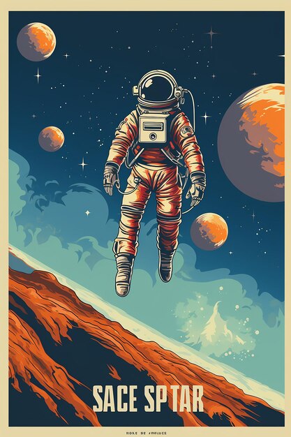 vintage retro plakat kosmiczny z astronautą latającym w niebie w stylu przygodowego vibry