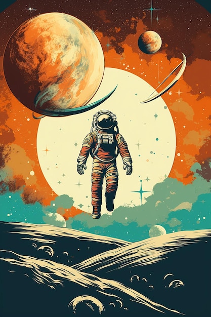 Zdjęcie vintage retro plakat kosmiczny z astronautą latającym w niebie w stylu przygodowego vibry