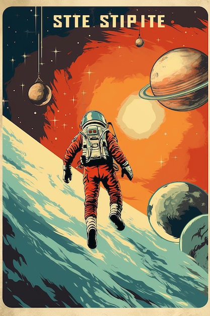 Zdjęcie vintage retro plakat kosmiczny z astronautą latającym w niebie w stylu przygodowego vibry