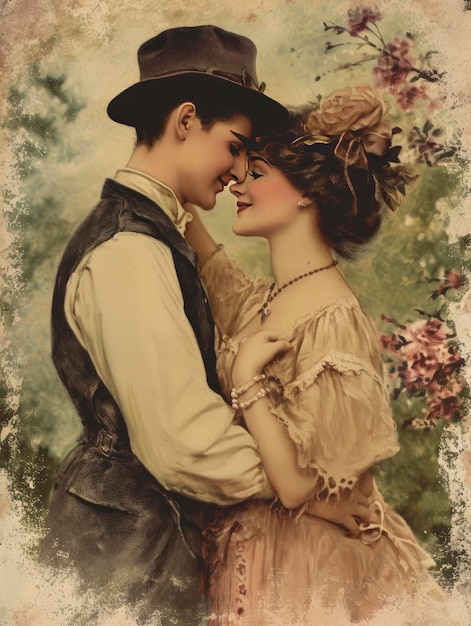 Zdjęcie vintage romance kartka pocztowa w stylu retro przedstawiająca piękną młodą parę promieniującą szczęściem i miłością na święto walentynek