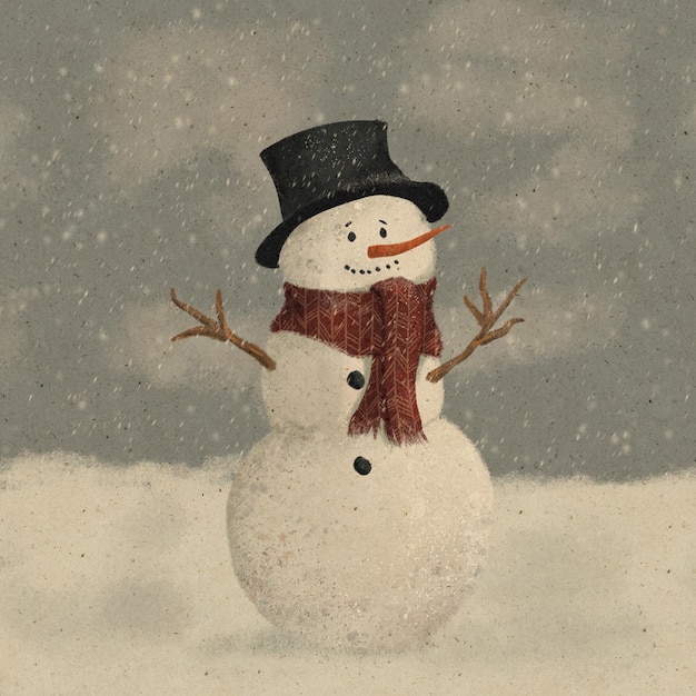 Vintage rysunek bałwana w śniegu, kartkę z życzeniami na ferie zimowe
