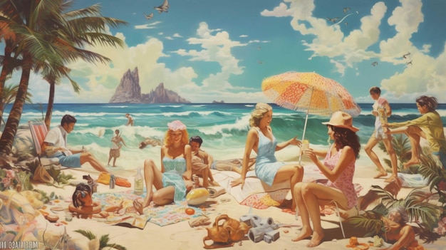 Vintage scena plażowa z leżakami z palmami i innymi ludźmi
