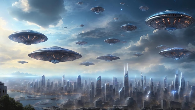 Vintage SciFi Retro City najechane przez majestatyczną Armadę UFO