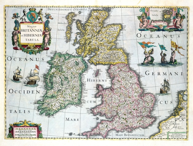 Vintage średniowieczna mapa Wielkiej Brytanii 1661