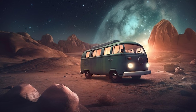 Vintage van na nieznanej planecie nocnego gwiezdnego nieba tło Niezwykła koncepcja podróży kosmicznych generowana przez AI