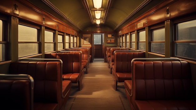 Vintage wagon kolejowy z staroświeckimi siedzeniami dla wnętrza pasażerskiego. Wóz lokomotywy parowej dla podróżujących. Generatywna sztuczna inteligencja