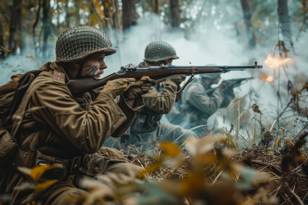 Vintage War Heroes Żołnierze II wojny światowej w akcji w bitwie w dżungli