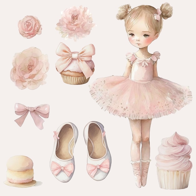 Vintage zestaw akwarela clipart dziewczynka balerina bellerina party