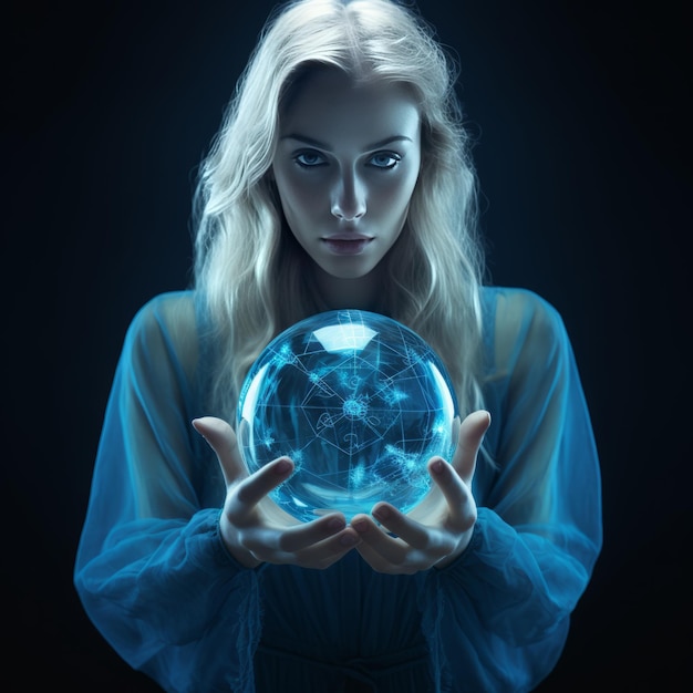 Visao profetica Mulher vidente desvenda o futuro na enigmatica bola de cristal azul