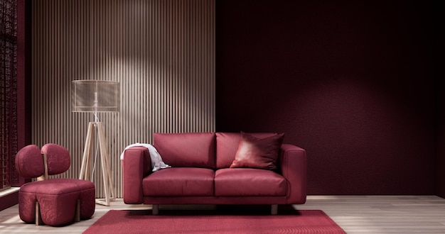 Viva magenta Salon z czerwoną ścianą i fotelem w stylu japandi