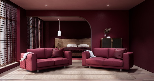 Viva magenta Salon z czerwoną ścianą i fotelem w stylu japandi