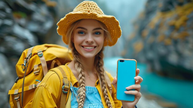 Zdjęcie vlogger podróżniczy rozmawiający z telefonem z aparatem, trzymający ilustrację generującą sztuczną inteligencję
