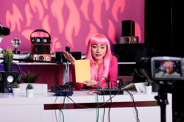 Vlogger z różowymi włosami trzymający notatnik reklamujący przybory szkolne przed kamerą podczas filmowania recenzji produktu za pomocą sprzętu do vlogowania. Influencer transmituje na żywo w studiu nadawczym