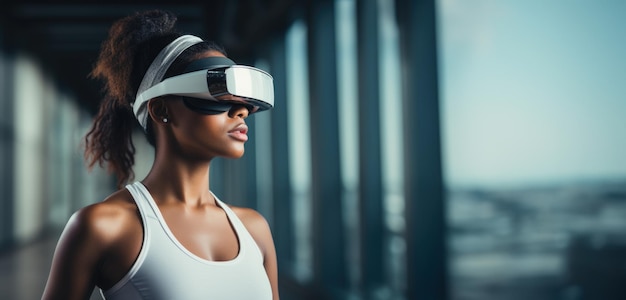 VR Gym Experience Kobieta zanurzona w wirtualnej rzeczywistości za pomocą okularów podczas treningu w jasnym współczesnym centrum fitness