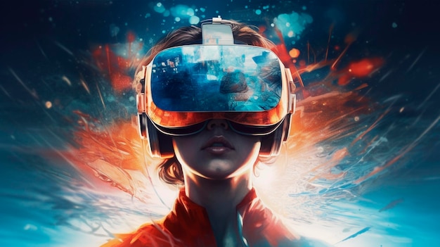 VR headset podwójna ekspozycja metaverse futurystyczny wirtualny świat stan świadomości Generatywna sztuczna inteligencja