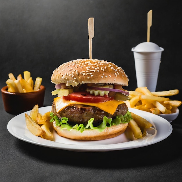 Zdjęcie vurger w białym talerzu z frytkami hiperrealistyczne czarne tło