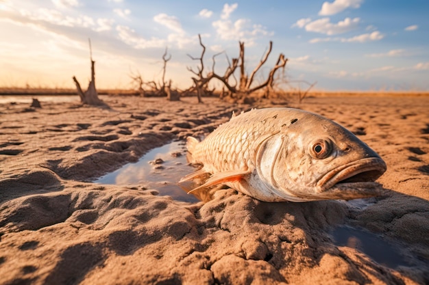 W afrykańskiej pustyni szczątki ryb rozrzucone na wyschłym lądzie ilustrują straszne konsekwencje niedoboru wody na środowisko