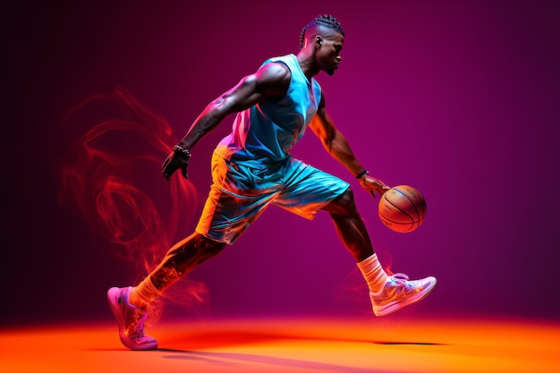 W akcji Portret zaangażowanego afroamerykańskiego koszykarza trenującego pod neonowymi światłami na różowym tle