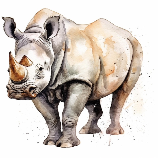 Zdjęcie w akwareli na białym tle generatywna ai stoi nosorożec