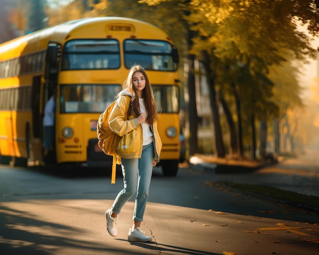 W autobusie szkolnym podróż nastolatki do szkoły