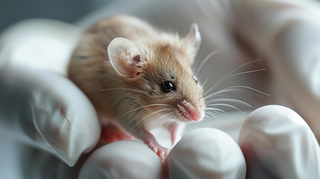 W białych rękawiczkach naukowiec laboratoryjny chwyta maleńką mysz eksperymentalną ostrożnie w dłoni i przestrzeń Generatywna sztuczna inteligencja