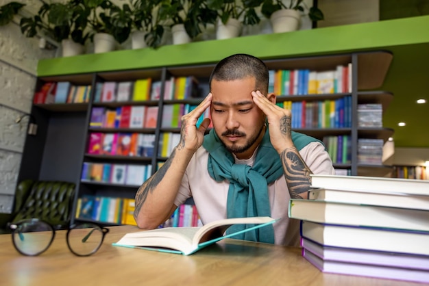 W bibliotece. Azjatycki mężczyzna czyta książkę w bibliotece