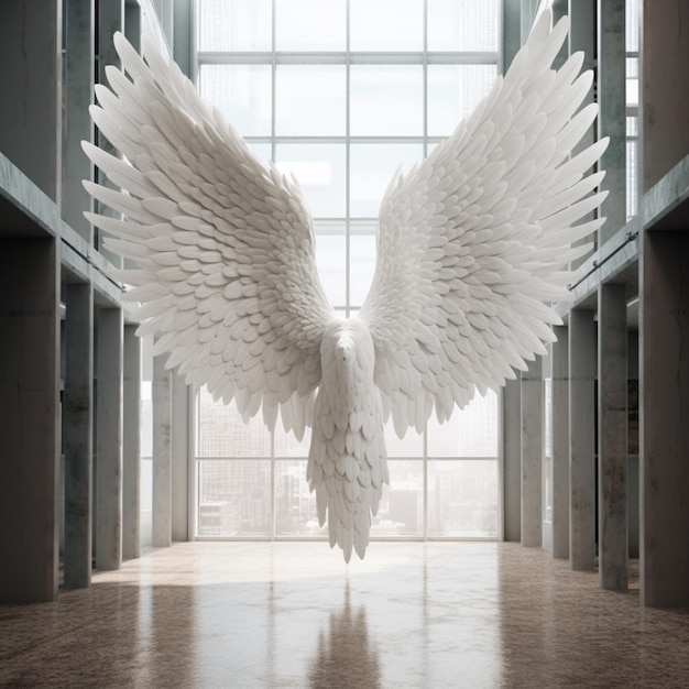 W budynku jest duży biały posąg anioła.