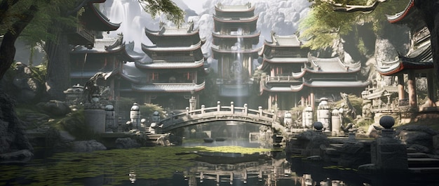 W chińskim ogrodzie generatywnym znajduje się mały mostek nad małym stawem