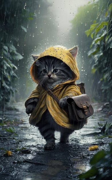 W ciągłym deszczu mały kotek jest nieustraszony
