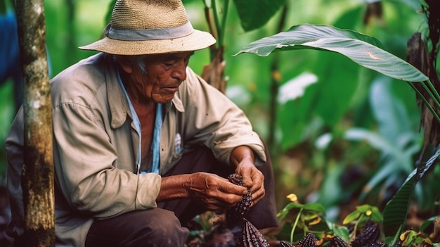 W ciasnym ujęciu uchwycono rolnika na plantacji kakao, który delikatnie wydobywa wilgotne ziarna z ok