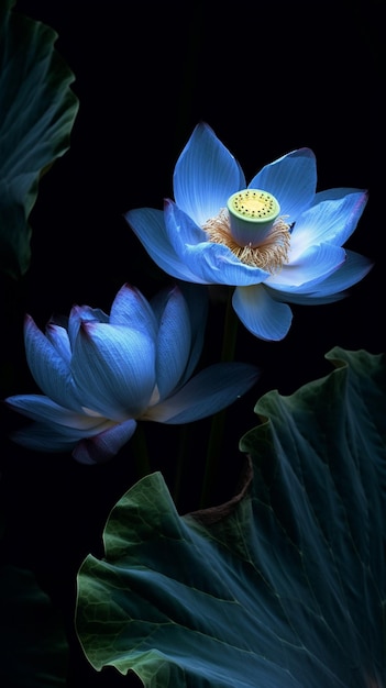w ciemności są dwa niebieskie kwiaty lotosu z zielonymi liśćmi generującymi ai