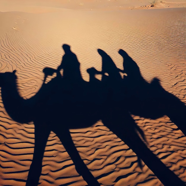 W cieniu ludzi jeźdzących na wielbłądach na pustyni