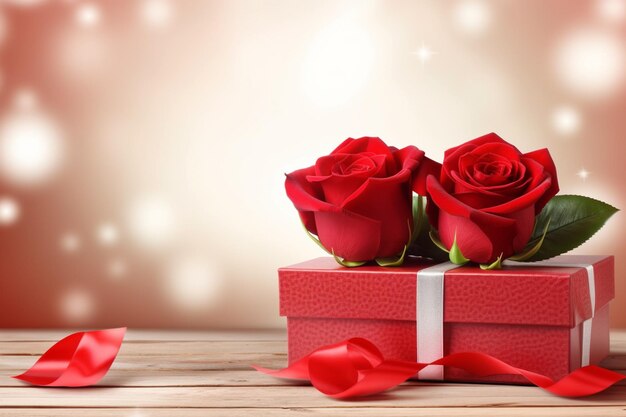w czerwonym pudełku prezentowym na drewnianym stole znajdują się trzy róże. Generatywna ai